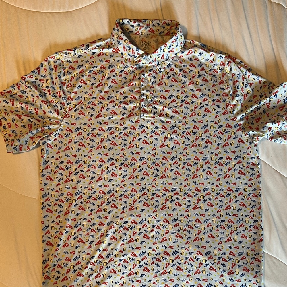 1764 Fun Print Polo - Men's Medium - Lobster, Beer & Fish - Great Condition!